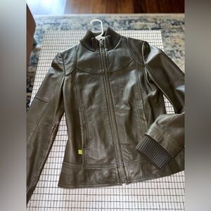 Soia & Kyo Olive Leather Jacket with Ribbed Collar